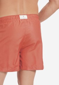 Uima shorts miesten, joissa on yhtenäinen terrakottaväri, joustava vyötärö ja pieni logosovitus takana. Pinta on sileä.