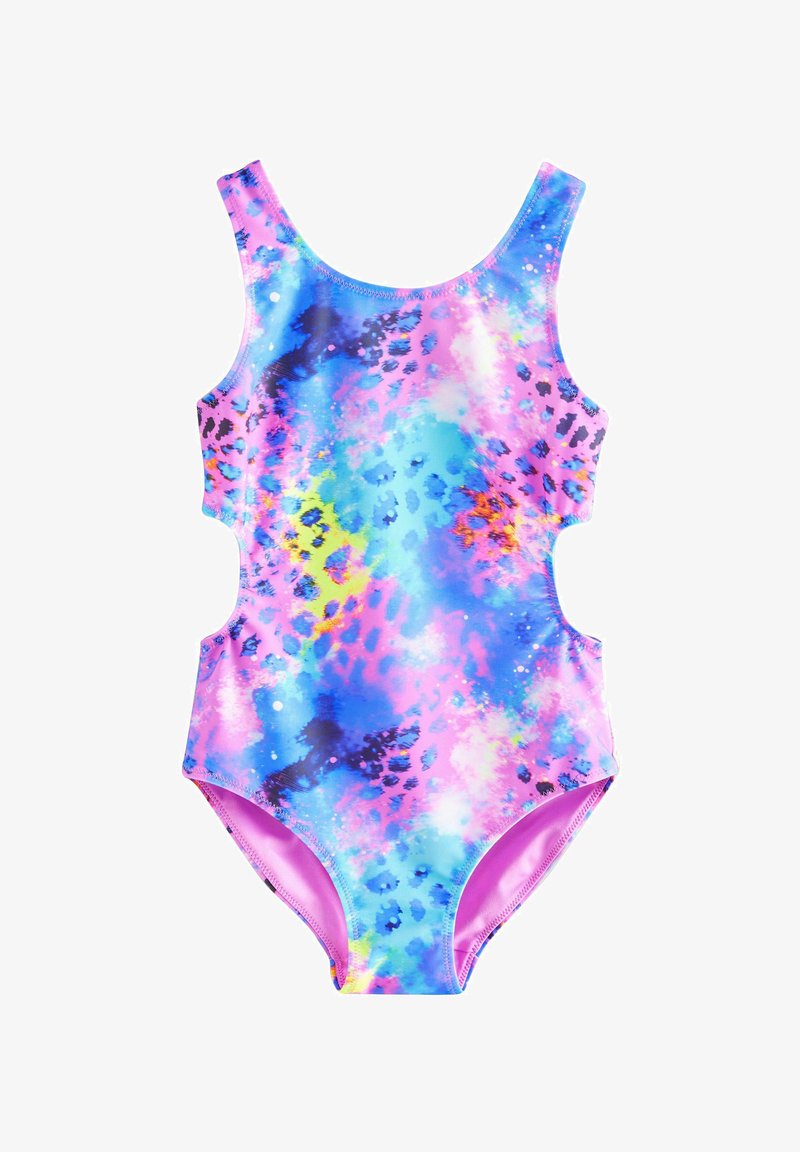 Costume intero per bambini con lati ritagliati e motivo tie-dye colorato nei toni di blu, rosa, giallo e viola.