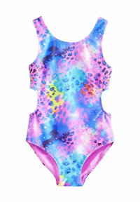 Maillot de bain une pièce multicolore avec un motif tie-dye. Présente des découpes sur les côtés et un tissu lisse et extensible pour plus de confort.