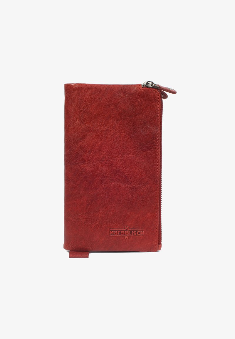Portafoglio in pelle rossa con finitura texturizzata, chiusura a zip e logo in rilievo. Design compatto con un anello laterale per il fissaggio.
