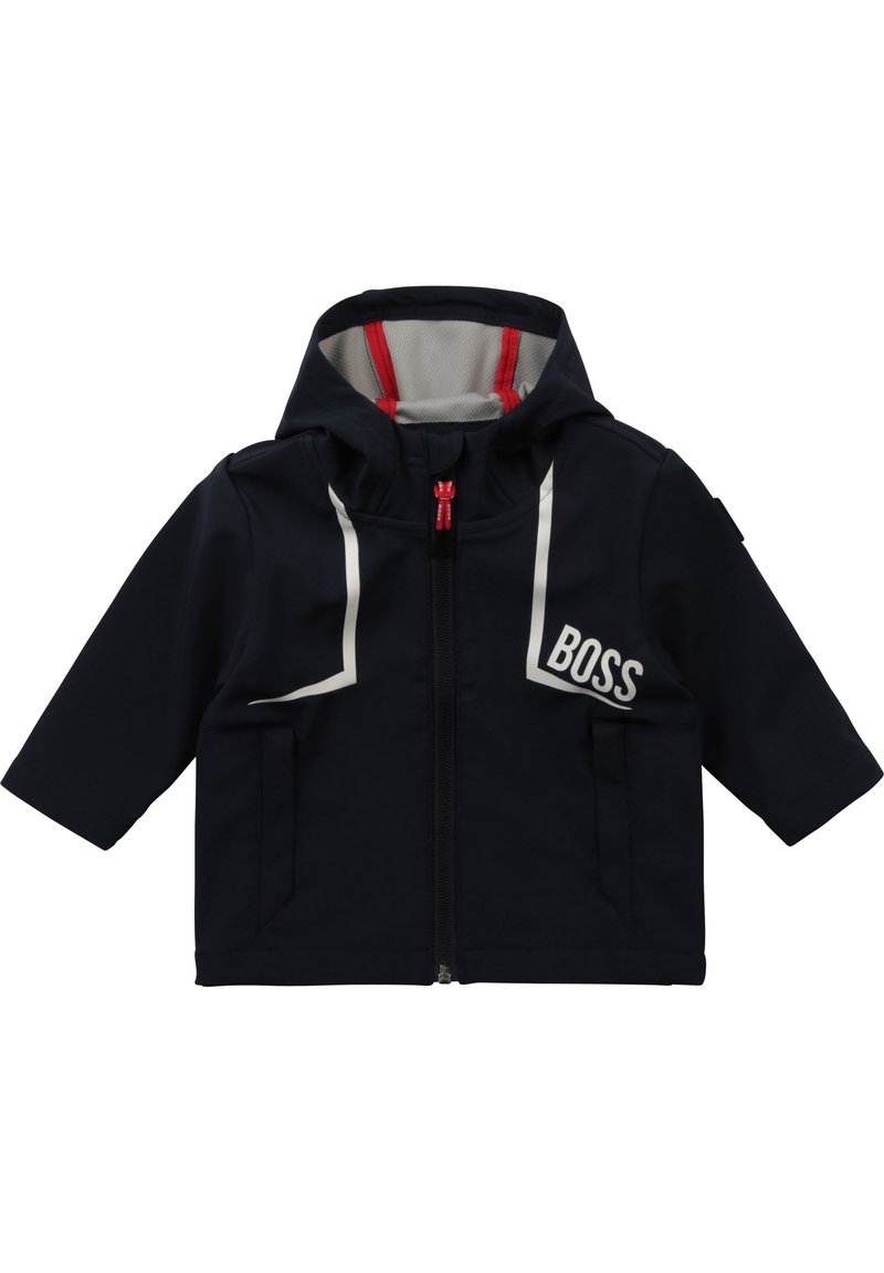 Navy blue children's jacket with a hood, features red accents and a gray inner lining; white logo and zipper detailing on the front.