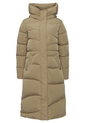 Beige puffer coat with a high collar, long sleeves, and patch pockets. Features horizontal quilting and a straight, knee-length design.