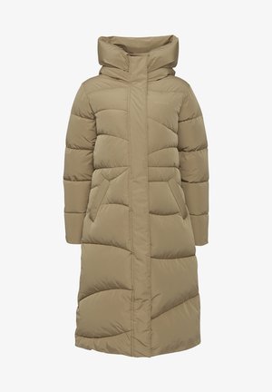 Beige puffer coat with a high collar, long sleeves, and patch pockets. Features horizontal quilting and a straight, knee-length design.