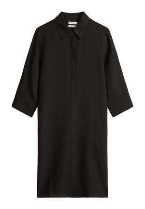 Zwarte overhemdjurk tot op de knie met driekwartmouwen, puntige kraag, verborgen knopen aan de voorkant en een ontspannen pasvorm.