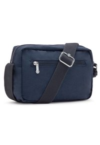 Borsa a tracolla blu navy realizzata in tessuto resistente, dotata di tasca con zip, tracolla regolabile e superficie liscia con forma rettangolare.