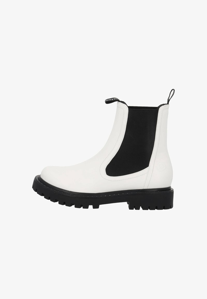 Botín Chelsea blanco con paneles laterales elásticos negros, suela de goma texturizada y tira de agarre. Superficie lisa con punta redondeada y tacón bajo.