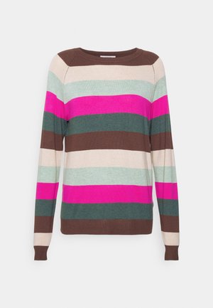 Pull rayé avec des couleurs marron, rose, vert et beige. Le matériau semble doux avec une coupe décontractée et des manches longues. Encolure ronde.