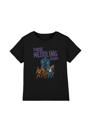 Black T-shirt with cartoon group of four kids and a dog facing a ghost, text above reads "Those Meddling Kids" in purple letters.