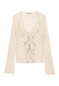 Lichtbeige blouse met lange mouwen, met een gestructureerde gerimpelde voorkant, V-hals en trekkoordsluiting. Zachte, delicate stof met een subtiel patroon.