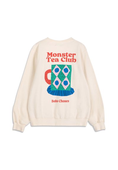 Sweat-shirt crème avec un motif géométrique coloré de tasse à thé et un texte rouge indiquant "Monster Tea Club" et "Bobo Choses" au dos.