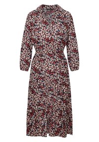 Robe florale avec un décolleté en V profond, des manches longues et une taille élastique. Fabriquée en tissu léger dans des nuances de rouge, rose, bleu et crème.
