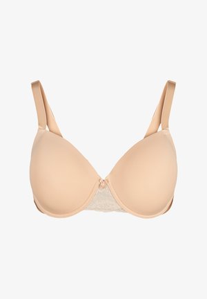 Beige polstret bh med glat stof, blonde detaljer i midten, justerbare stropper og hægte- og øje-lukning bagpå.