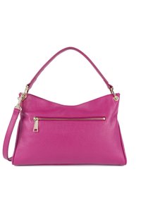 Roze leren handtas met een gestructureerde afwerking, met een gebogen vorm, korte schouderriem en een ritsvak aan de voorkant.