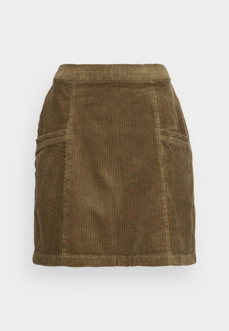 Mini-jupe en velours côtelé marron avec panneau avant et poches latérales, présentant une texture côtelée verticale et une ceinture droite.