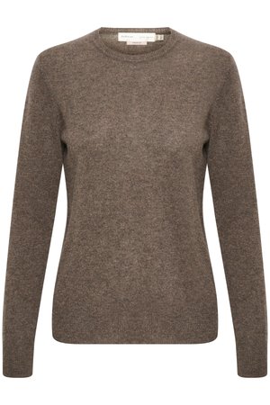 Brown knit sweater with long sleeves, round neckline, and a soft texture. Simple design without patterns or accents.