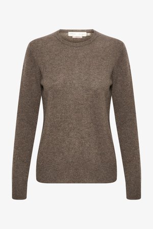 Brown knit sweater with long sleeves, round neckline, and a soft texture. Simple design without patterns or accents.
