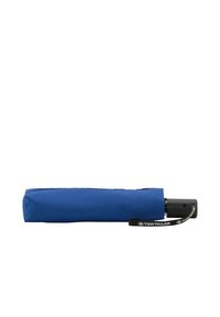 Blue folding umbrella with a black handle. The fabric cover is solid blue with a textured finish. Features a wrist strap with branding.