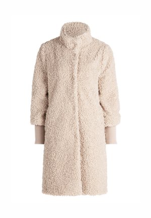Beige, fluffy textuur jas met een hoge kraag, voor knopen en ribgebreide manchetten. Het is ontworpen met een losse pasvorm voor comfort.