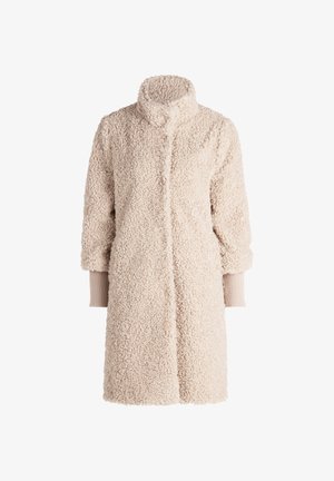 Beige, flauschiger Mantel mit hohem Kragen, vorderen Knöpfen und gerippten Ärmelbündchen. Mit einer lockeren Passform für zusätzlichen Komfort entworfen.