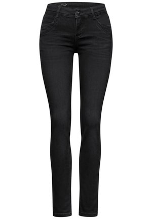 Jean noir slim fit avec taille mi-haute, bouton et fermeture éclair à l'avant, avec poches avant et arrière.