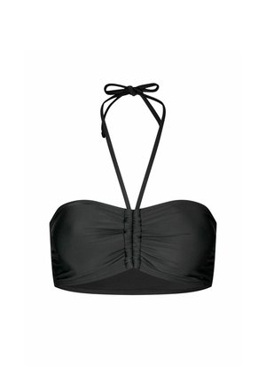 Czarny top bikini bandeau z marszczonym środkiem i cienkimi ramiączkami wiązanymi na kokardkę przy szyi, przedstawiony na białym tle.