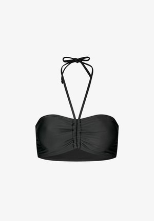 Parte superior de bikini bandeau negra con centro fruncido y finas tiras de halter atadas en un lazo en el cuello, mostrada sobre un fondo blanco.
