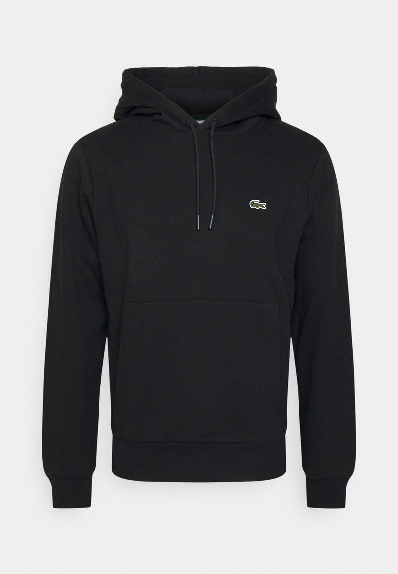 Black hoodie made of soft fabric, featuring a front kangaroo pocket, drawstring hood, and a small green embroidered logo on the chest.