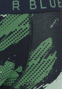 Zelene in črne boxer hlače z vzorcem, ki se ponašajo z mehkobo tkanine, prilegajočim dizajnom in širokim pasom z besedilom.