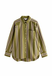 Olijfgroene shirt met verticale strepen in roze, wit en bruin. Beschikt over een kraag, knoopsluiting en een borstzak. Lange mouwen.