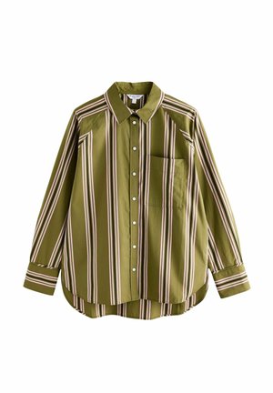 Chemise vert olive à rayures verticales rose, blanche et marron. Dotée d'un col, d'une fermeture à boutons et d'une poche poitrine. Manches longues.