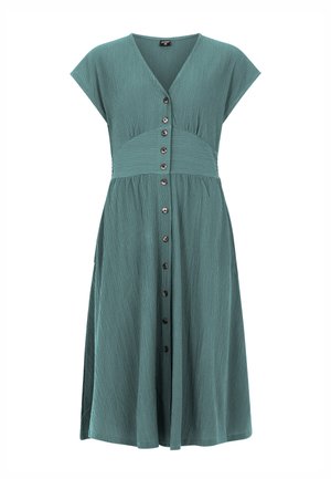 Turquois textuur midi-jurk met korte mouwen, V-hals, getailleerde taille en knoopsluiting aan de voorkant van de halslijn tot de zoom.