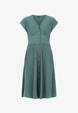Turquois textuur midi-jurk met korte mouwen, V-hals, getailleerde taille en knoopsluiting aan de voorkant van de halslijn tot de zoom.