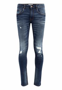 Jeans ajustados azul oscuro de mezclilla, con acentos desgastados, patrones de arrugas y un cierre de botón en la cintura.