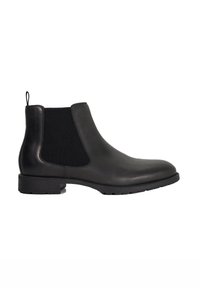 Black leather Chelsea boot with elastic side panels, smooth texture, rounded toe, and durable rubber sole. Features a pull tab for easy wear.