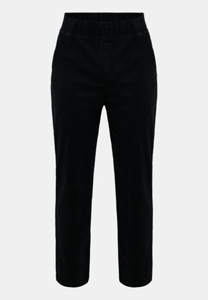 Sorte strækbukser lavet af blødt stof, med elastisk talje, tapered ben design og uden synlig hardware eller lommer.