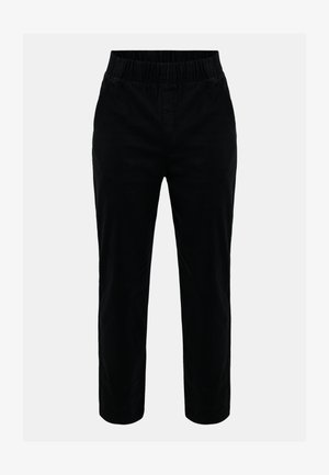 Black pull-on pants made of soft fabric, featuring an elastic waistband, tapered leg design, and no visible hardware or pockets.