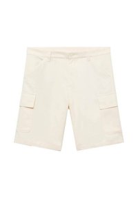 Shorts cargo beiges en tissu léger, présentant deux poches avant et deux poches cargo latérales. Coupe droite, sans motifs visibles.