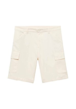Beżowe szorty cargo wykonane z lekkiego materiału, z dwoma przednimi kieszeniami i dwoma bocznymi kieszeniami cargo. Prosty krój, bez widocznych wzorów.