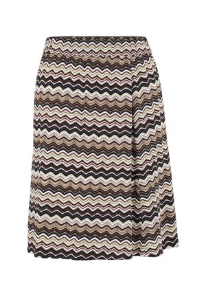A knee-length skirt featuring a zigzag pattern in brown, black, and cream hues, with an elastic waistband and a flowing design.
