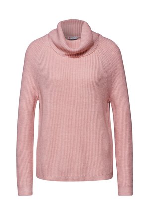 Rosa stickad tröja med hög krage, långa ärmar och ribbad nederkant. Tyget har en strukturerad mönstring genom hela plagget.