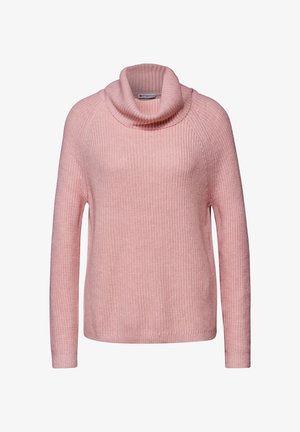 Rosa stickad tröja med hög krage, långa ärmar och ribbad nederkant. Tyget har en strukturerad mönstring genom hela plagget.