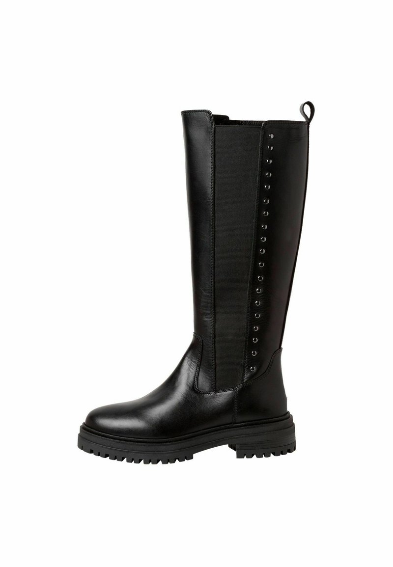 Bottes noires montantes en cuir lisse avec une semelle en caoutchouc. Comprend un panneau latéral orné de clous en argent décoratifs et une poignée.