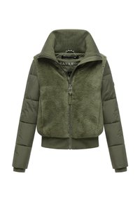 Olive green jacket featuring a zip closure, ribbed collar, and fleece front with padded sleeves. Soft texture, cropped design, and stitched accents.