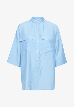 Light blue button-up shirt made of a smooth fabric. Features a stand collar, short sleeves, two chest pockets, and front button closure.