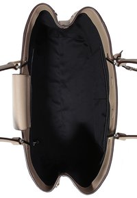 Beige handbag with a structured design, synthetic exterior, and a black fabric interior. Features dual handles and a zippered pocket.