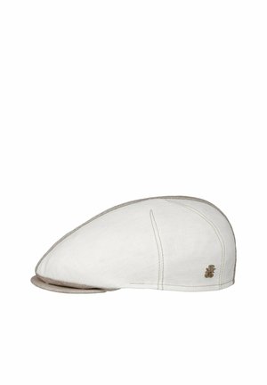 White flat cap with beige trim and small metallic logo on the side, shown in profile on a white background.