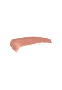 Swatch szminki w kolorze nudowym, kremowa konsystencja, średnie krycie, ciepłe odcienie, lekko błyszczące wykończenie, nałożona w zakrzywionej linii.
