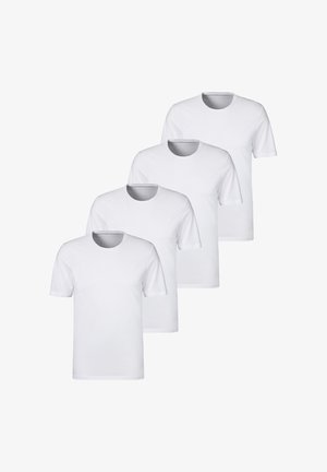 Quatre t-shirts en coton blanc uni présentent des manches courtes et un col rond. Ils ont un design simple et dépouillé ainsi qu'une texture lisse.