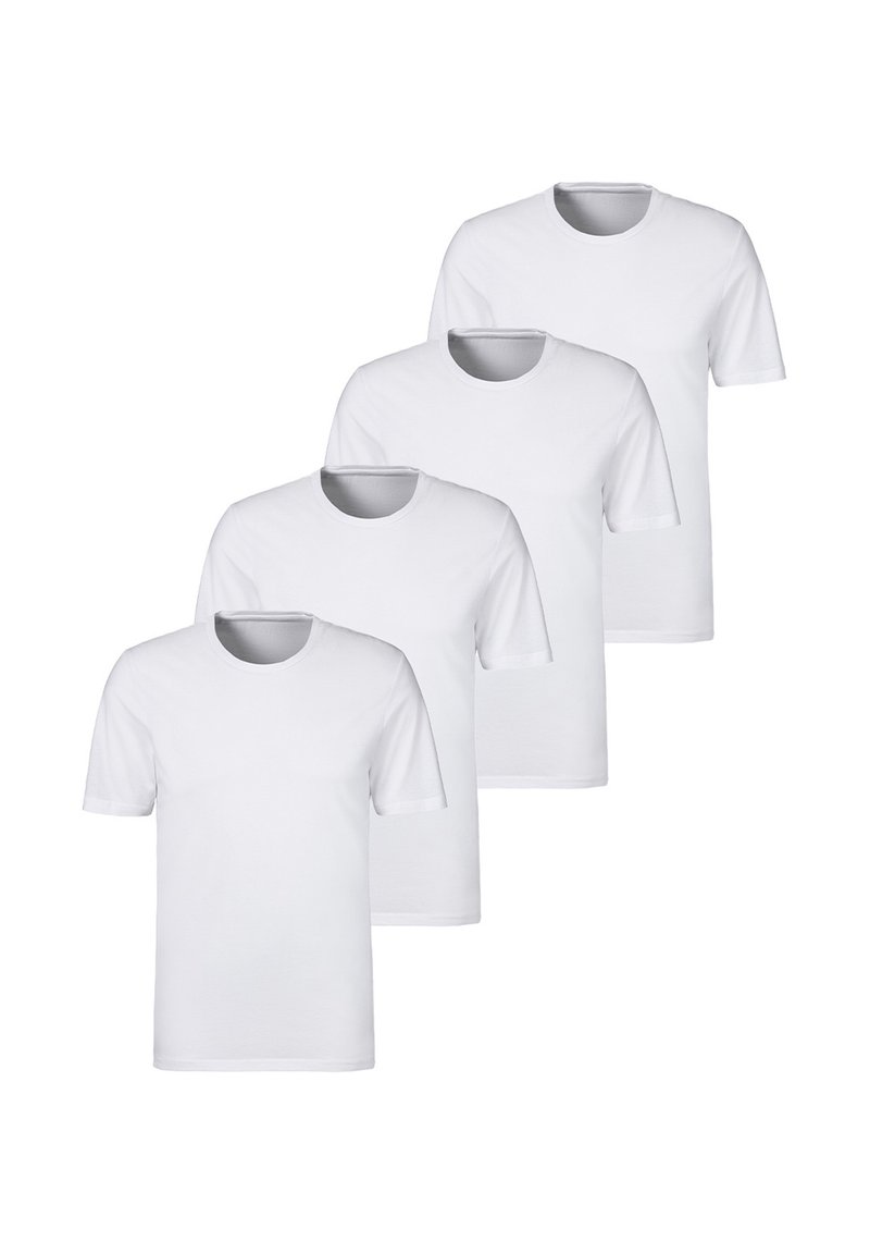 Quatre t-shirts en coton blanc uni présentent des manches courtes et un col rond. Ils ont un design simple et dépouillé ainsi qu'une texture lisse.