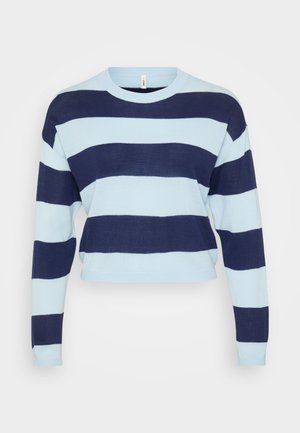 Sweater às riscas azuis e marinho com decote redondo, mangas longas e um design cropped. Feito de um tecido tricotado macio.